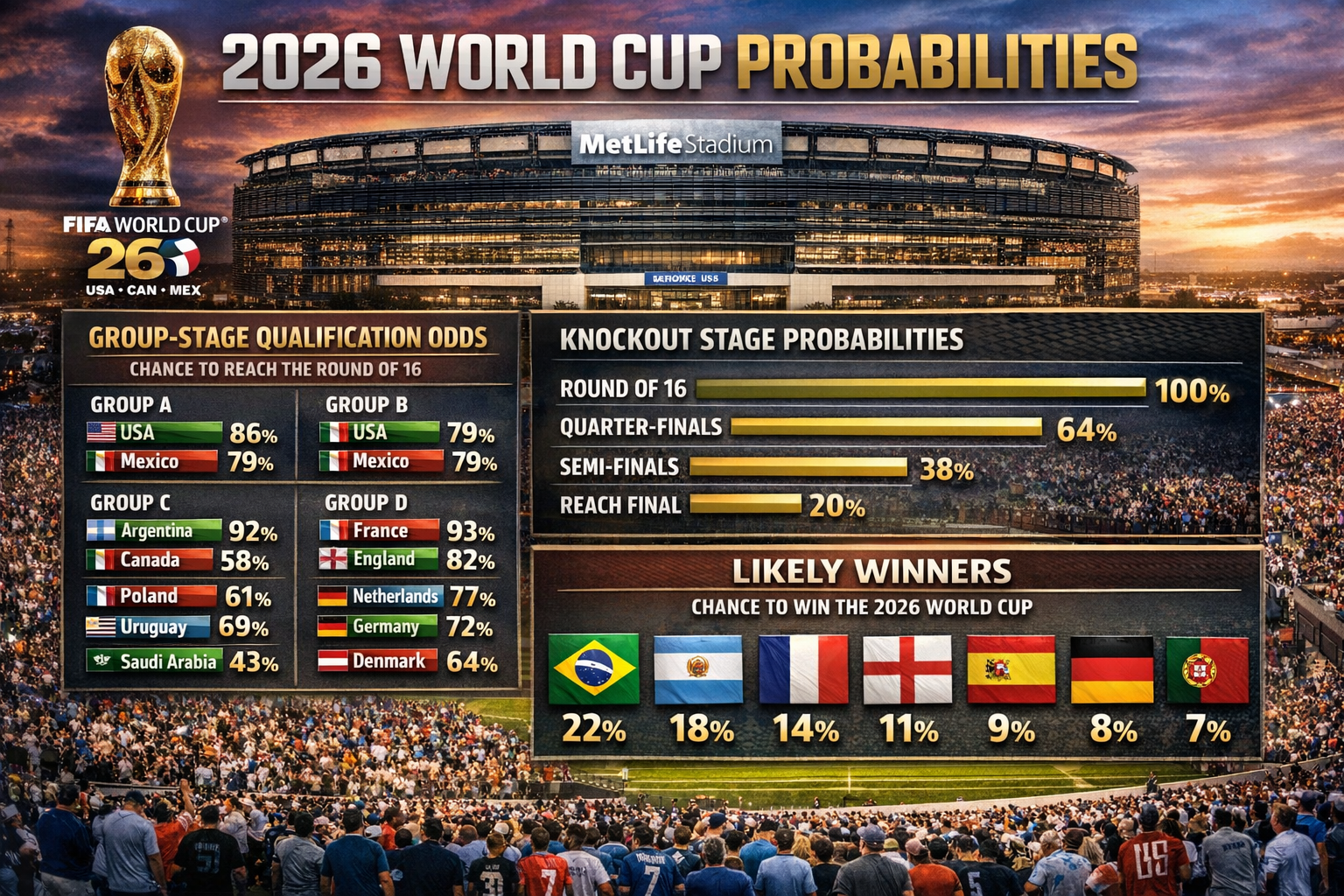 2026 World Cup simulations: group-stage qualification odds, knockout probabilities, and likely winners